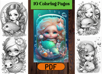 Adorable Cute Little Fantasy Mermaids Grayscale Coloring Pages