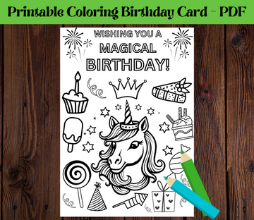 Printable Unicorn Coloring  Birthday Greeting Card, DIY Card