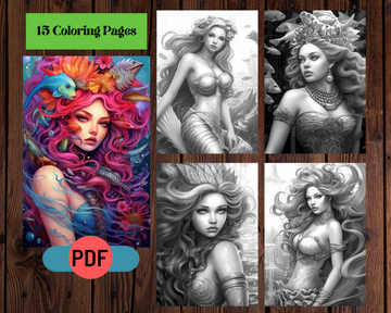 Mermaid Princesses Grayscale Coloring Pages For Adults