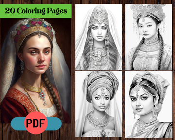 Cultural Brides Around The World Grayscale Printable Coloring Pages
