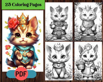 Fantasy Royal Cats Grayscale Coloring Pages