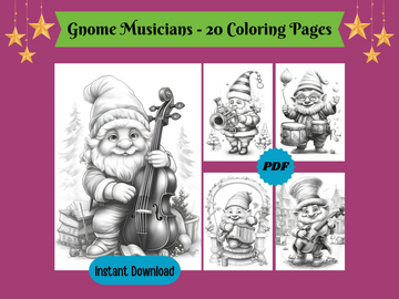 Charming Musical Gnomes Grayscale Coloring Pages For Adults & Kids
