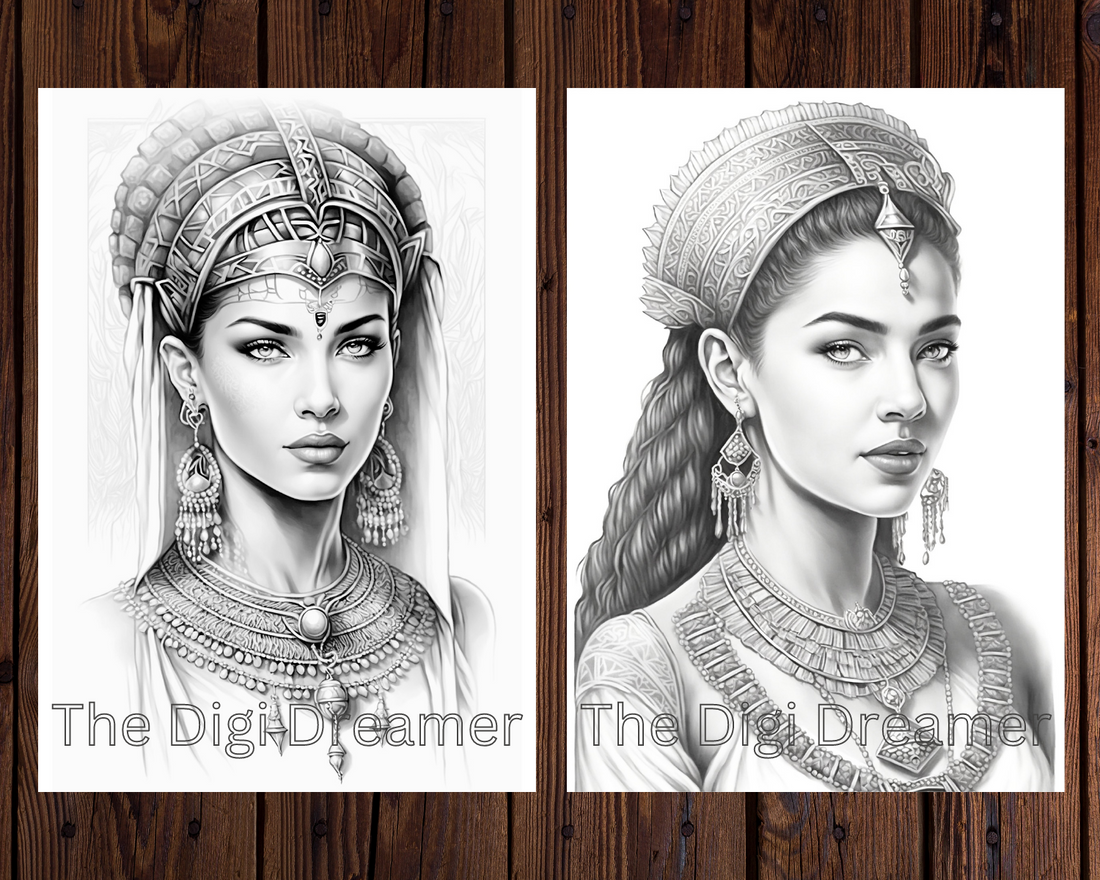 Egyptian Beauties Grayscale Coloring Pages for Adults