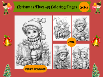 45 Christmas Elves Set 2-Printable Grayscale Coloring Pages, Digital download