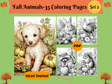 Fall Animals Set2-Printable Grayscale Coloring Pages, Digital download
