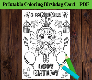 Printable Fairy Coloring Birthday Greeting Card For Kids, DIY Birthday Gift