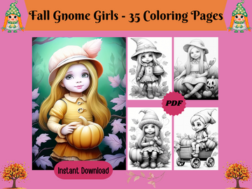 Fall Gnome Girls-Printable Grayscale Coloring Pages, Digital download