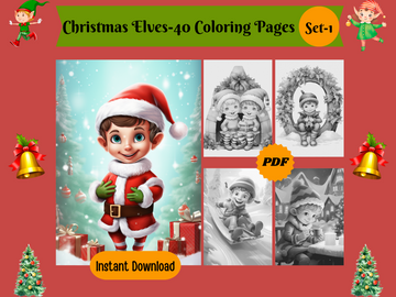 40 Christmas Elves Set 1-Printable Grayscale Coloring Pages, Digital download
