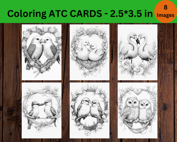 Lovey Dovey Birds Grayscale Coloring Digital ATC Cards, Instant Download