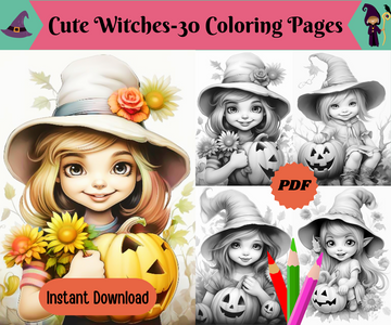 Cute Witches & Halloween-Printable Grayscale Coloring Pages, Digital download