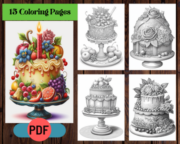 Whimsical Cakes Grayscale Coloring Pages For Adults & Kids Volume 1
