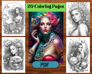 Enchanting Fantasy Mermaids Grayscale Printable Coloring Pages for Adults
