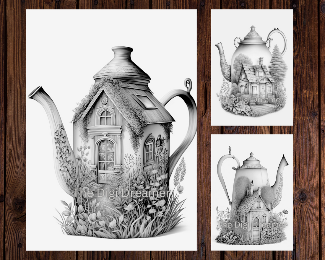 Magical Fairy Garden Kettle Houses Grayscale Printable Coloring Pages