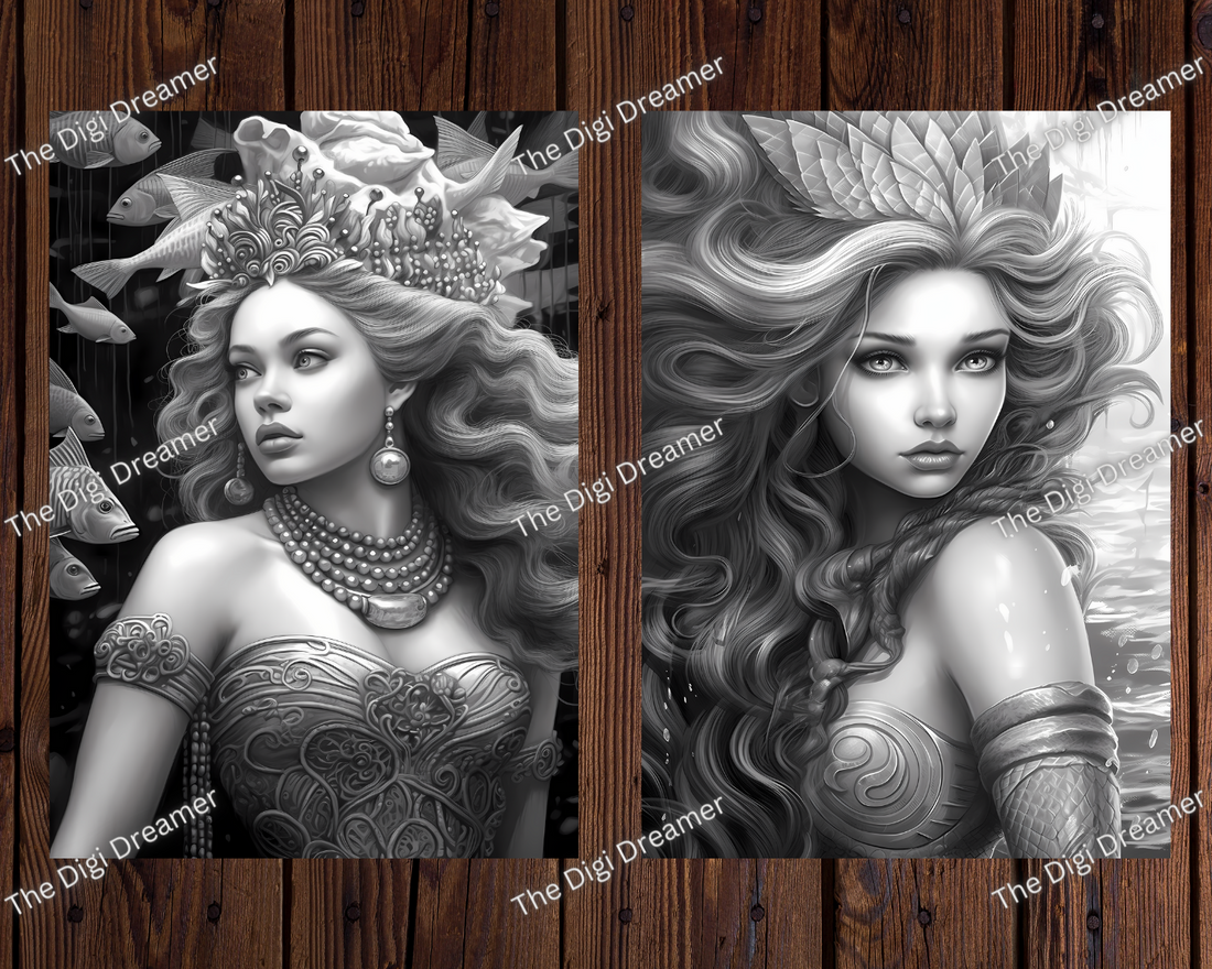 Mermaid Princesses Grayscale Coloring Pages For Adults