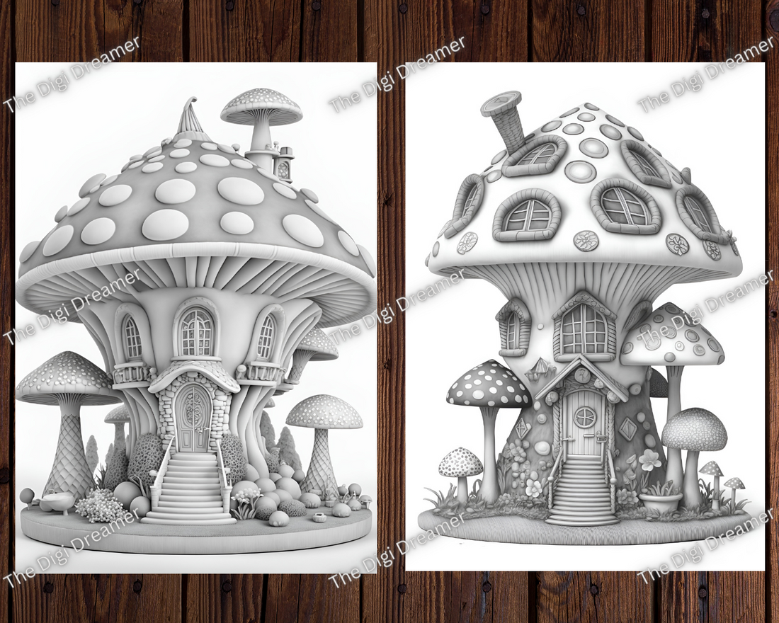 Candy Mushroom Houses Grayscale Coloring Pages For Adults & Kids