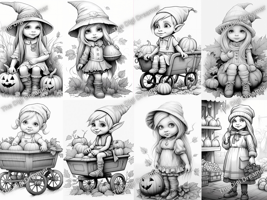 Fall Gnome Girls-Printable Grayscale Coloring Pages, Digital download