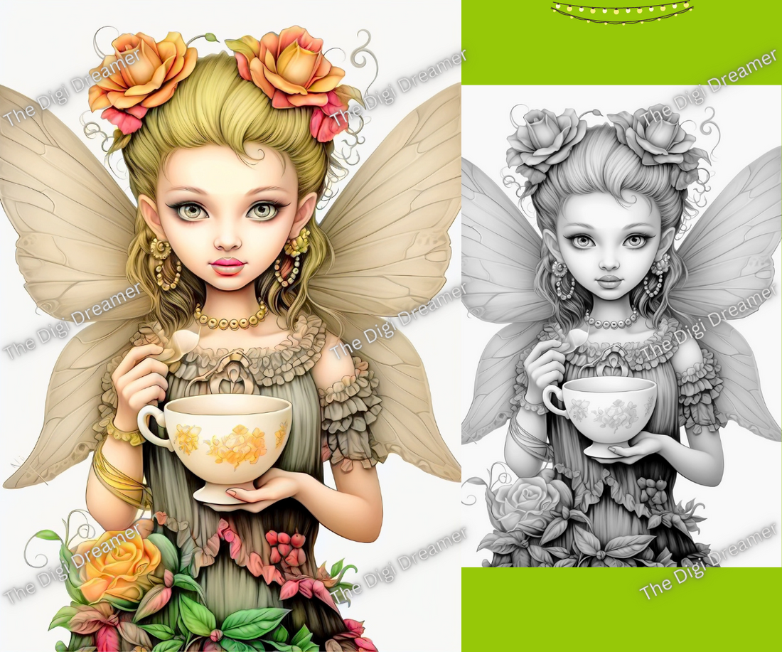 40 Tea Cup Fairies Set 1-Grayscale Printable Coloring Pages For Adults, Digital Download