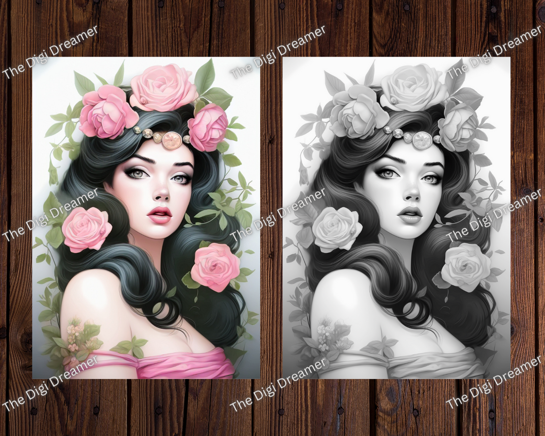 Flower Queens Grayscale Coloring Pages For Adults