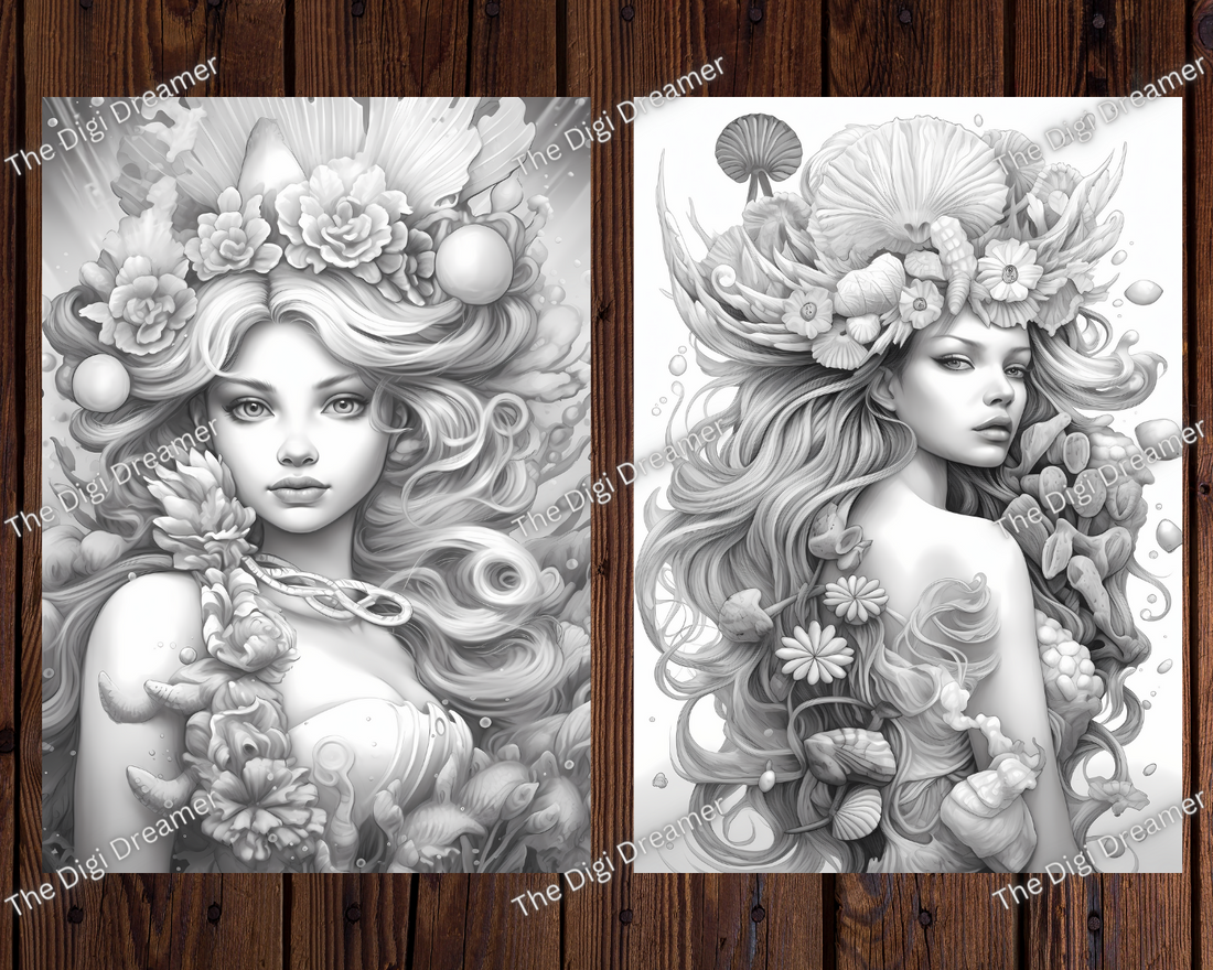 Serene Ocean Princesses Grayscale Coloring Pages for Adults
