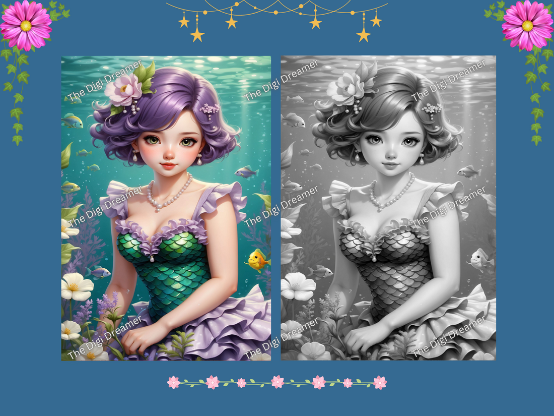 Beautiful Mermaids-50 Printable Grayscale Coloring Pages, Digital download