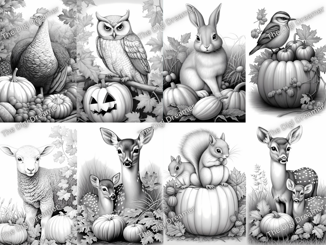 Fall Animals Set 1-Printable Grayscale Coloring Pages, Digital download