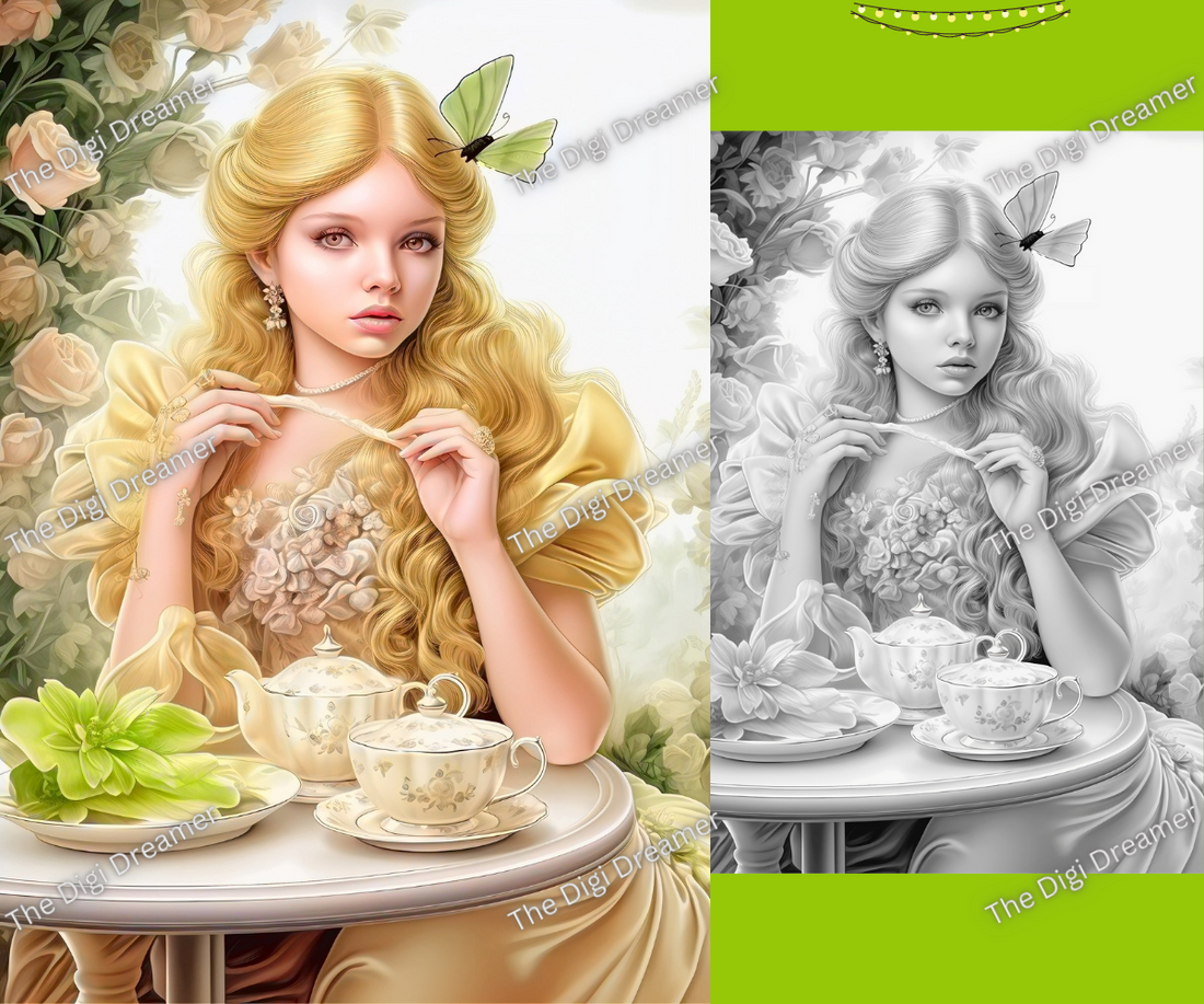 40 Tea Cup Fairies Set 2-Grayscale Printable Coloring Pages For Adults, Digital Download