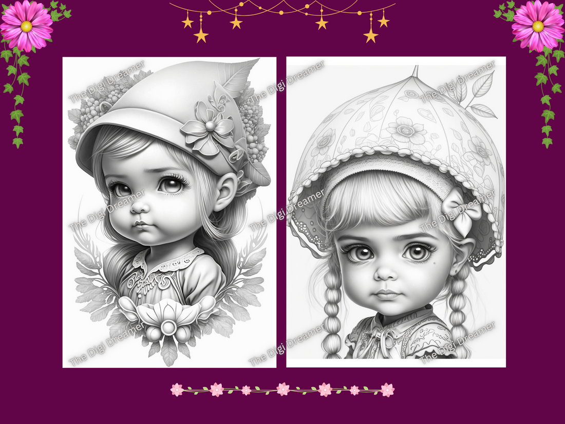 Adorable Cute Babies With Hats Grayscale Coloring Pages for Adults & Kids