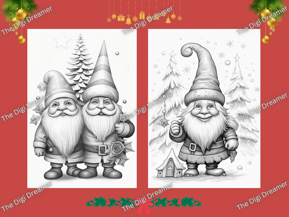 35 Christmas Gnomes Set 2-Printable Grayscale Coloring Pages, Digital download