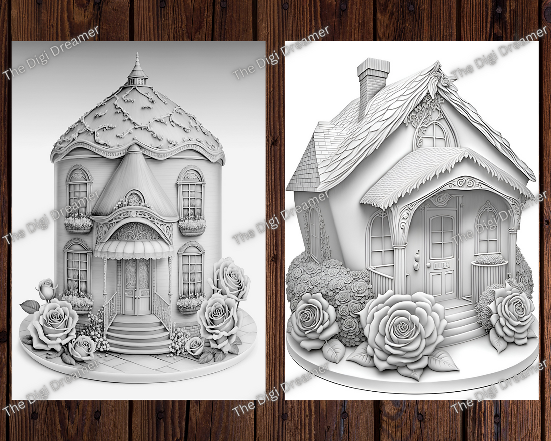 Magical Rose Garden Houses Grayscale Printable Coloring Pages For Adults