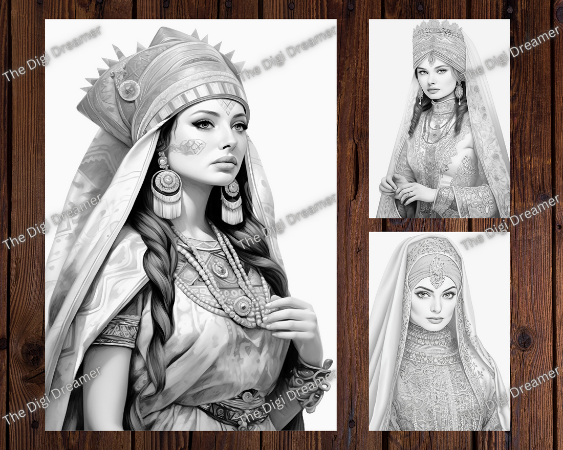 Cultural Brides Around The World Grayscale Printable Coloring Pages