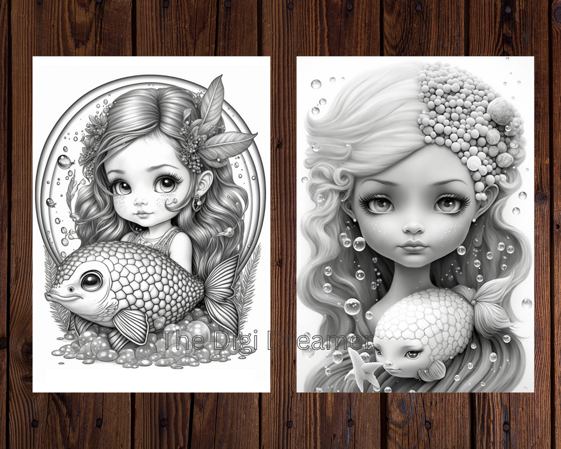 Adorable Cute Little Fantasy Mermaids Grayscale Coloring Pages