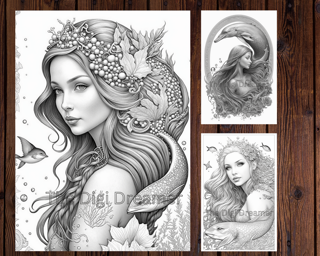 Enchanting Fantasy Mermaids Grayscale Printable Coloring Pages for Adults
